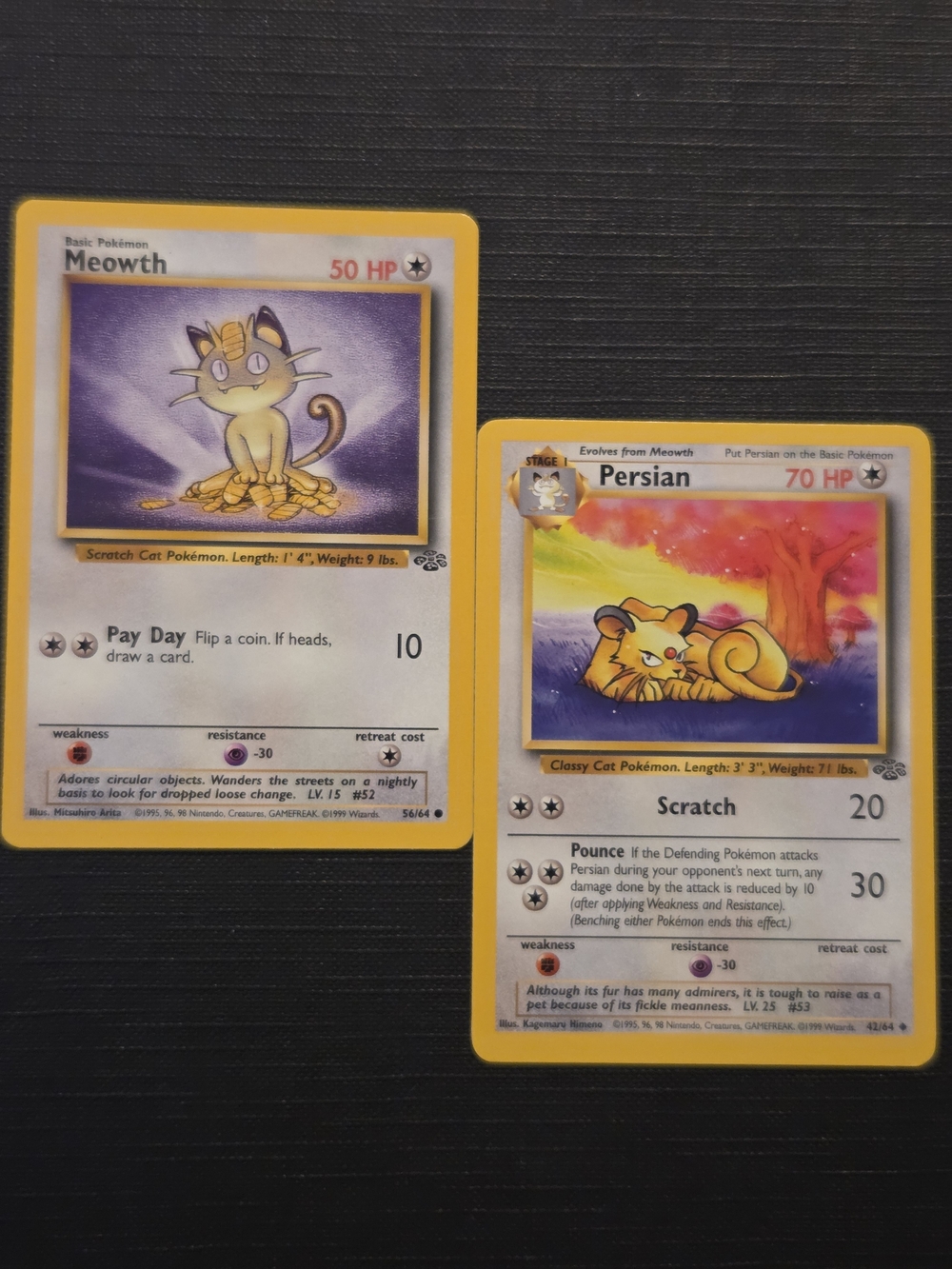 Pokemon Jungle Set 1999: MEOWTH #56 + PERSIAN #42 Trading Cards (Set of 2)